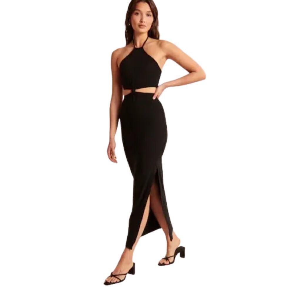 Abercrombie & Fitch Knot Front Halter Cut Out Maxi Dress Black Size Medium NEW